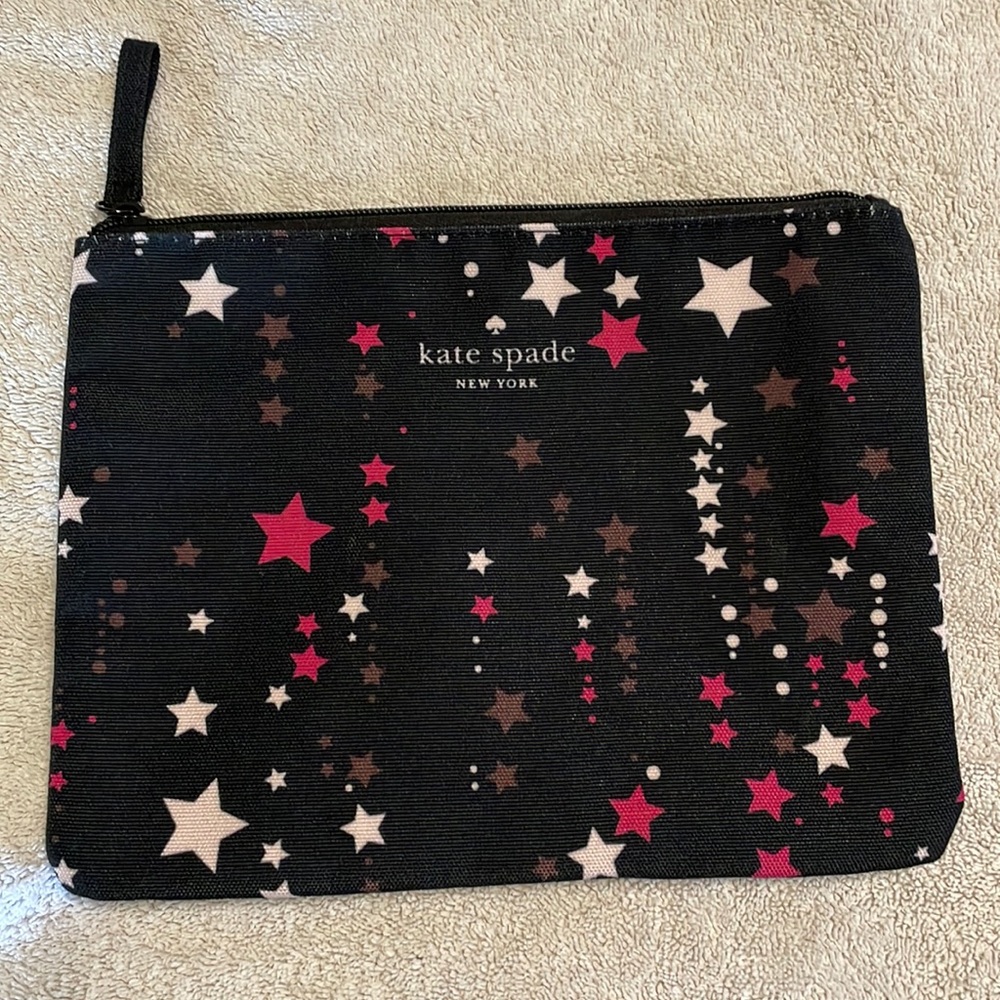Brand New
Kate Spade Large Canvas Zip Twinkle Star Pouch in Black Pink Multi